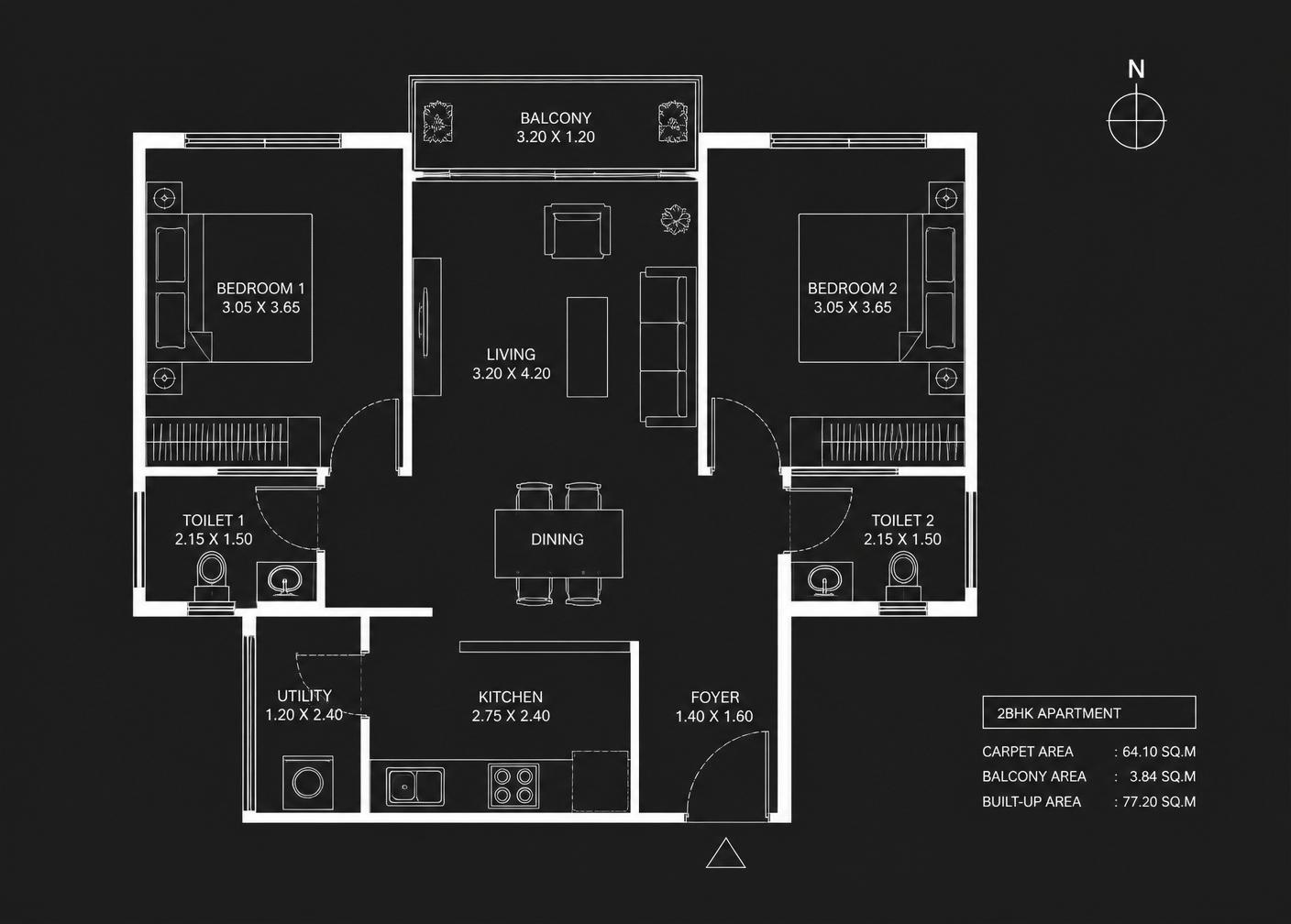 2 BHK apartment floor plan with room dimensions