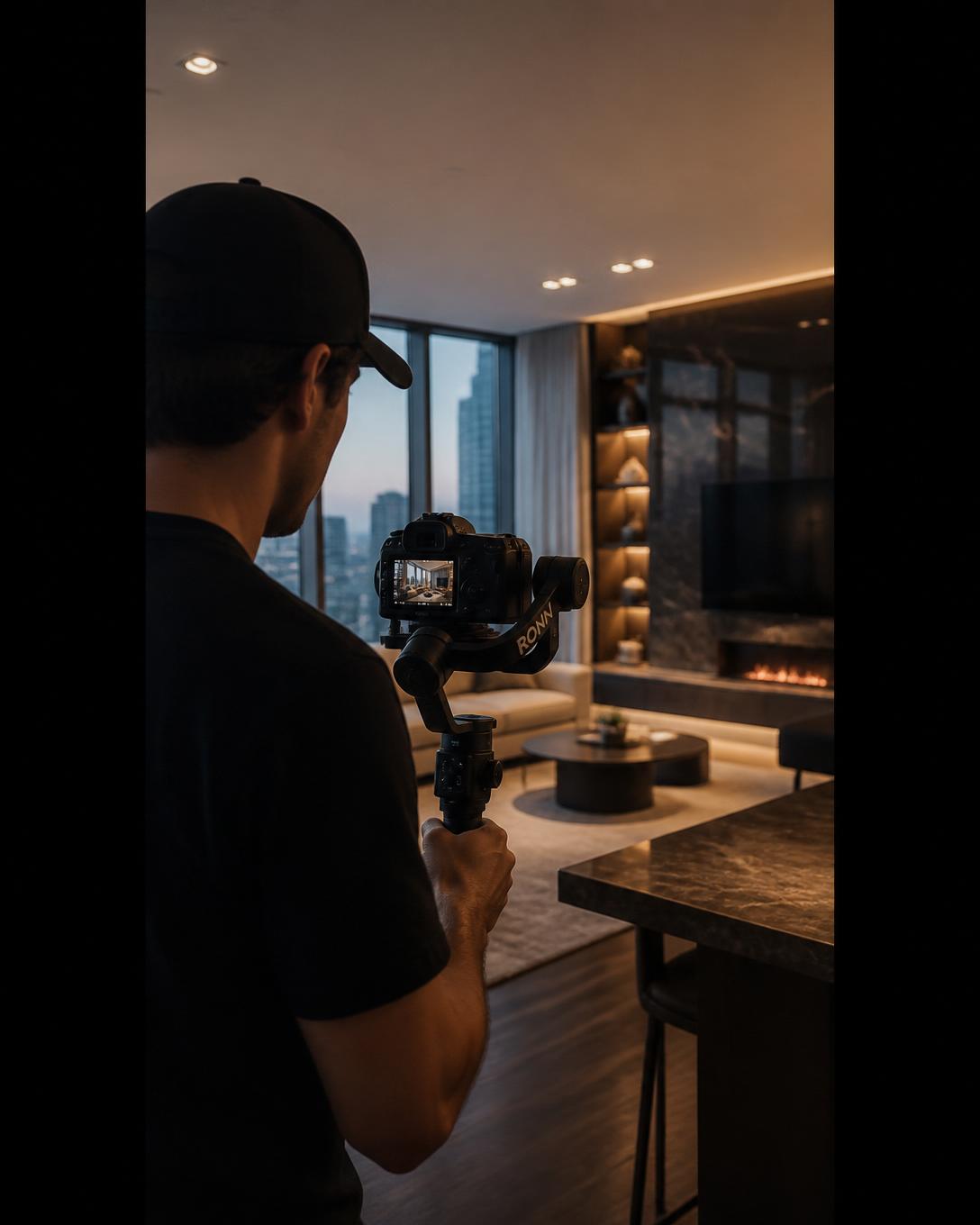 Videographer filming a property walkthrough on a gimbal